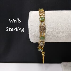 Wells Sterling Chrysoprase Gemstone Bracelet, Mid Century Vintage Asian Bracelet
